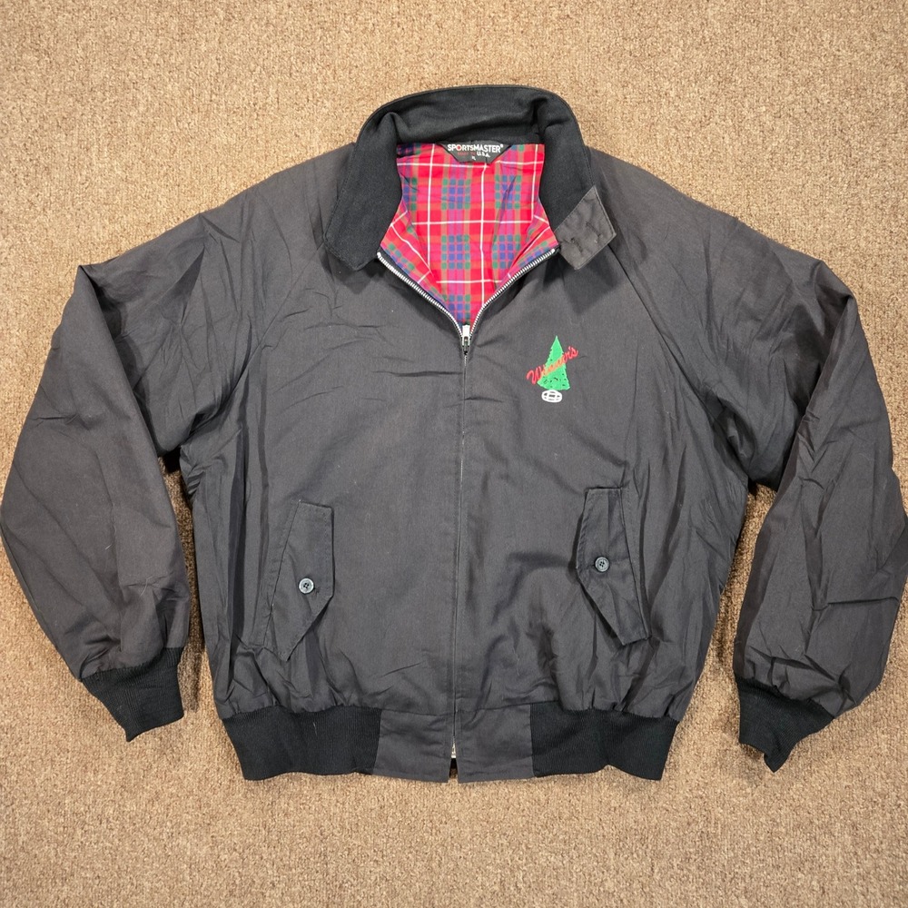 Vintage Sportsmaster Harrington Jacket Mens XL Black Plaid Lined Embroidered